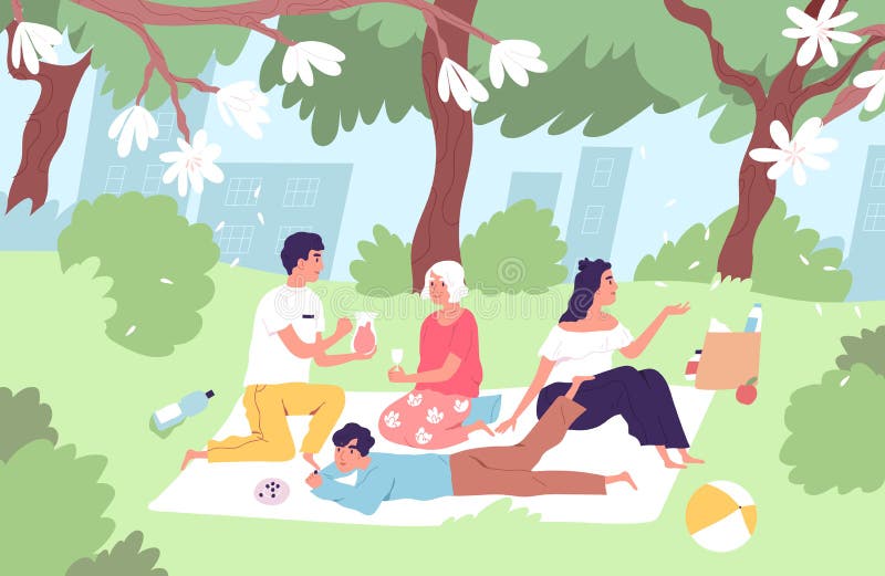 夏季，快乐的家庭在城市公园放松野餐毯. 老奶奶爸爸爸和儿子