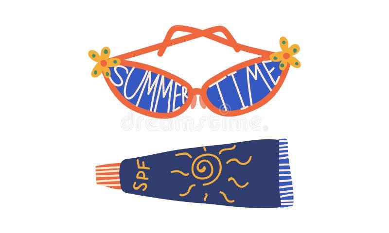 Summer Holiday and Beach Resort Symbols with Sunglasses and Suncream Vector Set. Seasonal Vacation and Sea Shore Tourism Concept. Summer Holiday and Beach Resort Symbols with Sunglasses and Suncream Vector Set. Seasonal Vacation and Sea Shore Tourism Concept