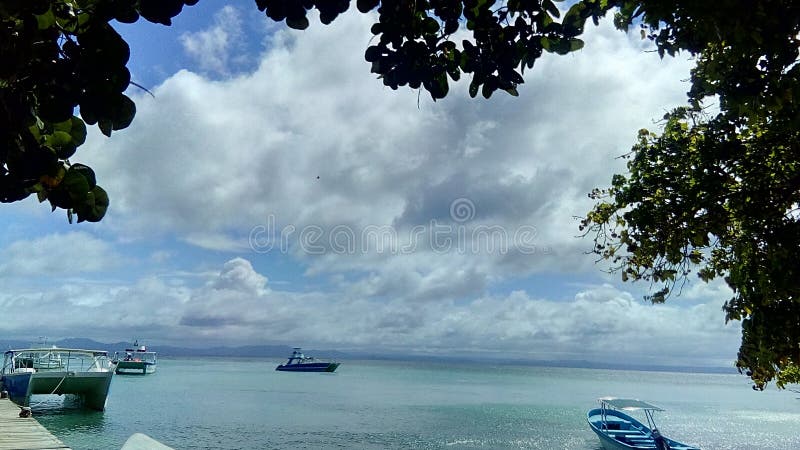 夏日海景 — 船在海中平静地摇摆 — 从树后望去 库存图片 夏日海景 — 船在海中平静地摇摆 — 从树后望去 库存图片