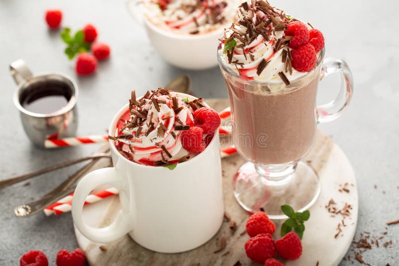 Summer berry hot chocolate with whipped cream and raspberry syrup. Summer berry hot chocolate with whipped cream and raspberry syrup