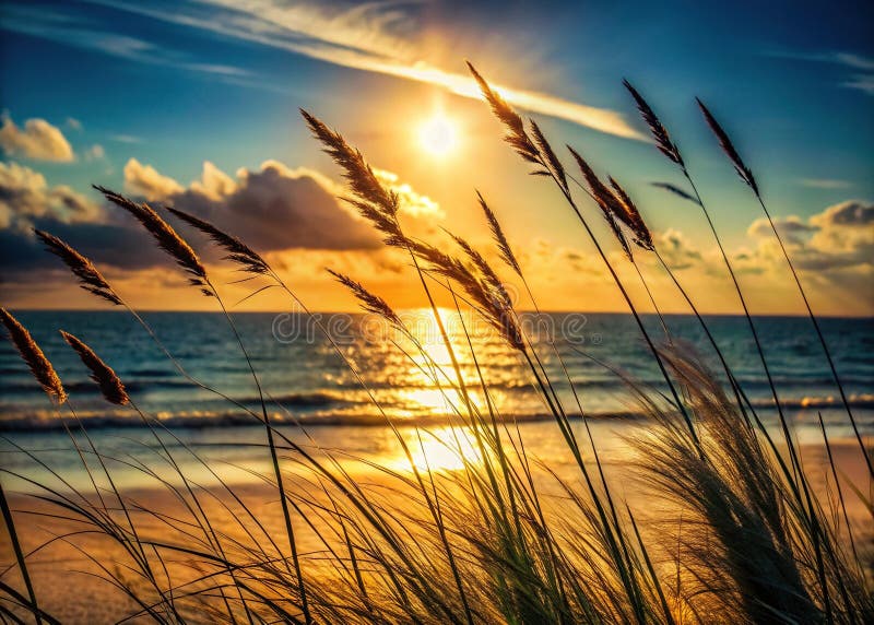 夕阳下的海滨美景背光海滩草的轮廓 向量例证