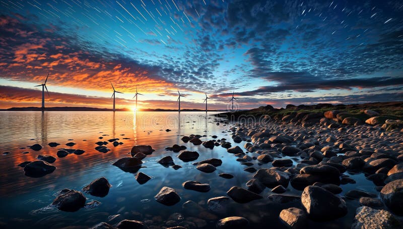 夕阳在湖边，前景是风力涡轮机，天空充满活力 皇族释放例证