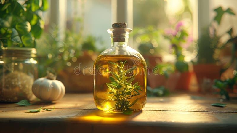夕阳田桌上自制迷迭香加橄榄油百里香和香草 向量例证