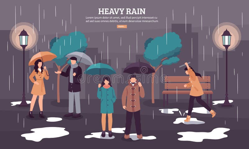 Weather forecast web page with heavy rain on dark cloudy day with people under umbrellas vector illustration. Weather forecast web page with heavy rain on dark cloudy day with people under umbrellas vector illustration