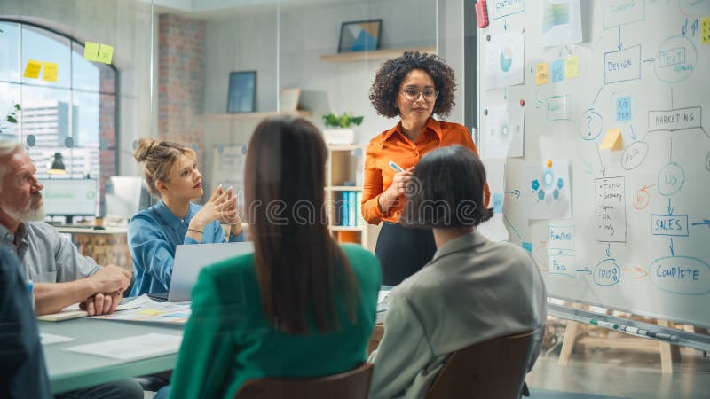 多元化的现代化办公室 : 黑人女性数字企业家用大数据白板 库存照片