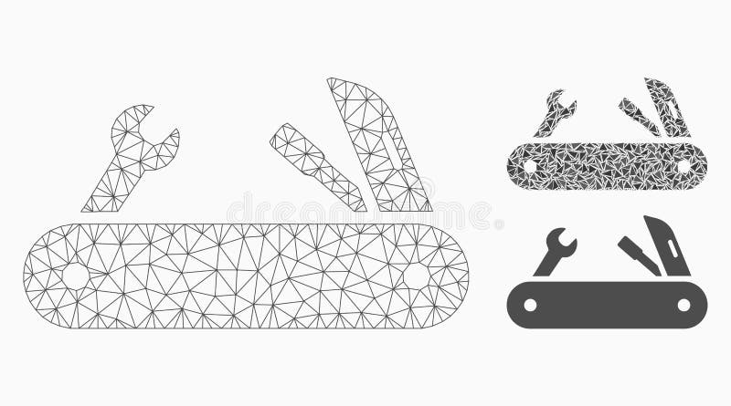 Mesh multi-tools knife model with triangle mosaic icon. Wire carcass polygonal mesh of multi-tools knife. Vector mosaic of triangle elements in variable sizes, and color tones. Mesh multi-tools knife model with triangle mosaic icon. Wire carcass polygonal mesh of multi-tools knife. Vector mosaic of triangle elements in variable sizes, and color tones.