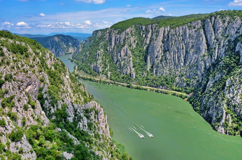 Danube Gorges through mountains aerial view, Romania. Danube Gorges through mountains aerial view, Romania
