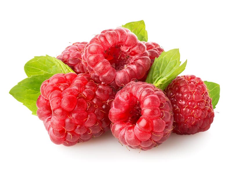 Raspberry with green leaf on white. Raspberry with green leaf on white