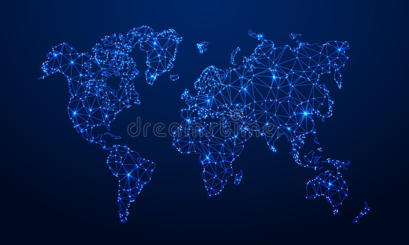 多角形地图 数字地球地图，蓝色多角形接地地图和世界互联网连接3d栅格传染媒介概念 皇族释放例证