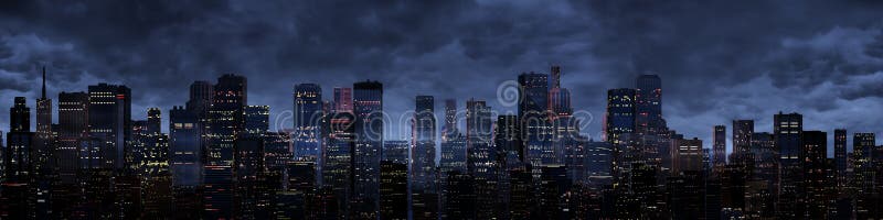 3D render of night time modern city under storm clouds. 3D render of night time modern city under storm clouds