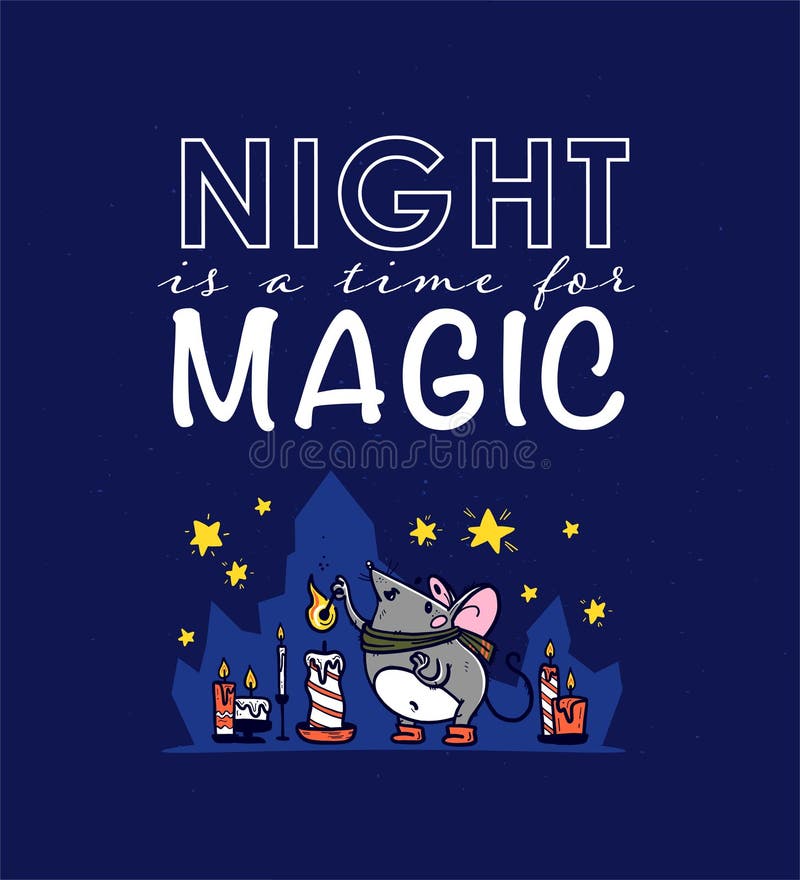 夜晚是魔法概念的时代 可爱手绘鼠标角色夜间点燃蜡烛的矢量图 皇族释放例证 夜晚是魔法概念的时代 可爱手绘鼠标角色夜间点燃蜡烛的矢量图 皇族释放例证