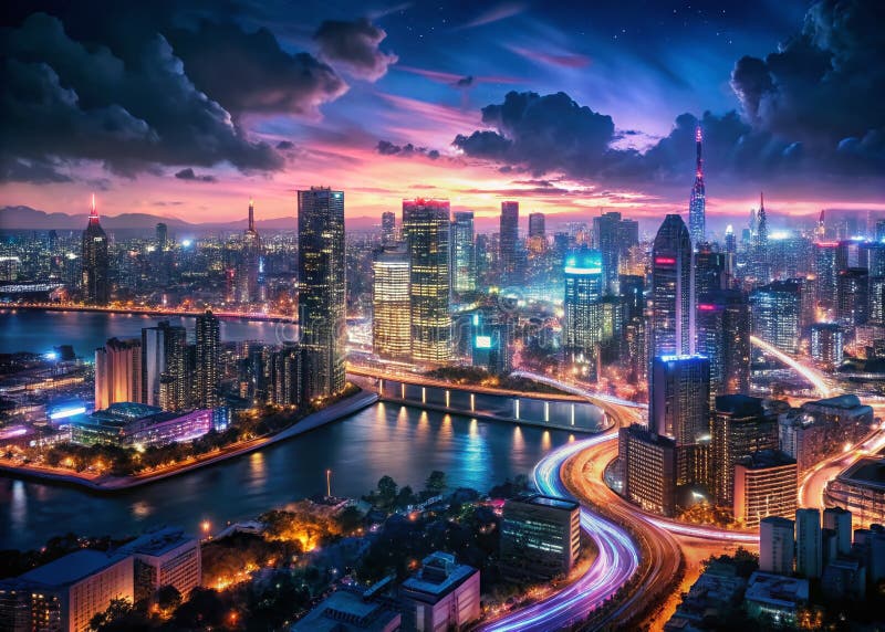 大阪梅田蓝天大厦夜景的壮丽航拍：城市璀璨天际线的迷人全景 皇族释放例证