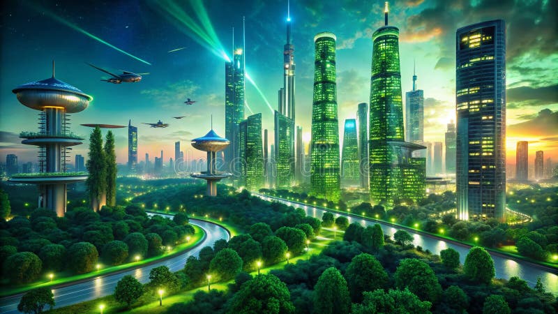 夜晚，可持续未来城市的壮丽全景，灯火通明的绿色塔楼和数字建筑 库存例证