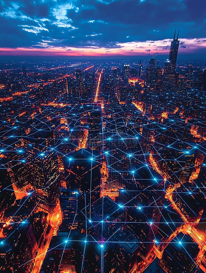 夜晚，在光亮的网络连接照明下，俯瞰充满活力的城市的壮丽空景. 全球的迷人隐喻 向量例证