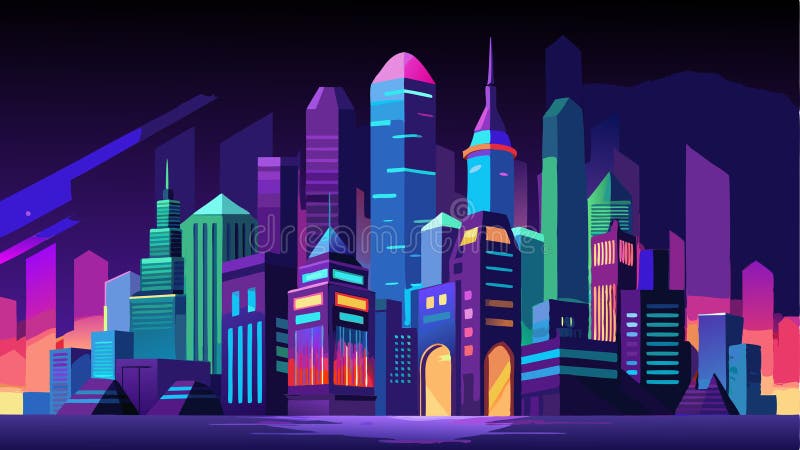 夜晚，这座城市变成了一座闪闪发光的仙境，高耸的建筑在耀眼的色彩中照亮了 向量例证