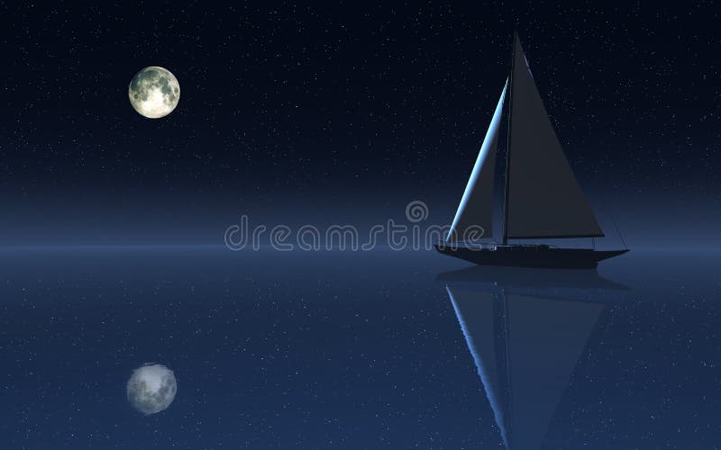 Magical illustration of a sailboat at night on a calm, peaceful sea reflecting the stars and moon. Magical illustration of a sailboat at night on a calm, peaceful sea reflecting the stars and moon.