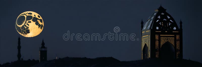 夜间清真寺背景点燃烧蜡烛的观赏阿拉伯灯笼. 穆斯林节日贺卡邀请 库存例证