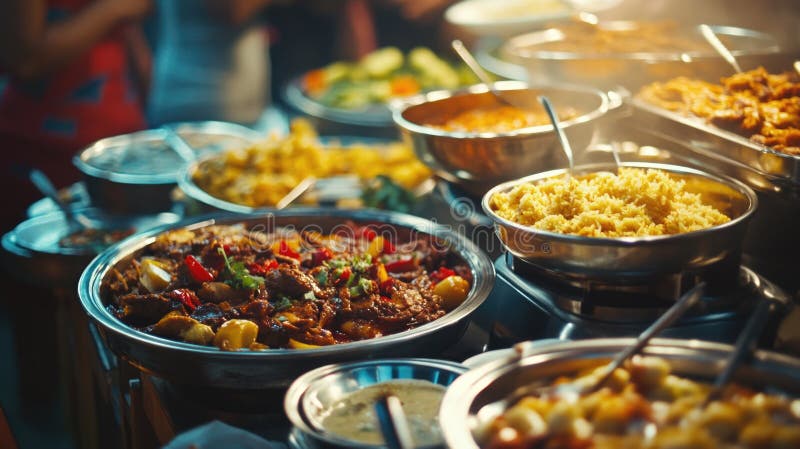 大型自助餐桌，包括各种不同的食物，包括沙拉 库存图片