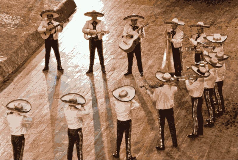 Mexican mariachi musician playing a guitar in Mexico. Illustration of a large band in Mexico. Mexican mariachi musician playing a guitar in Mexico. Illustration of a large band in Mexico.