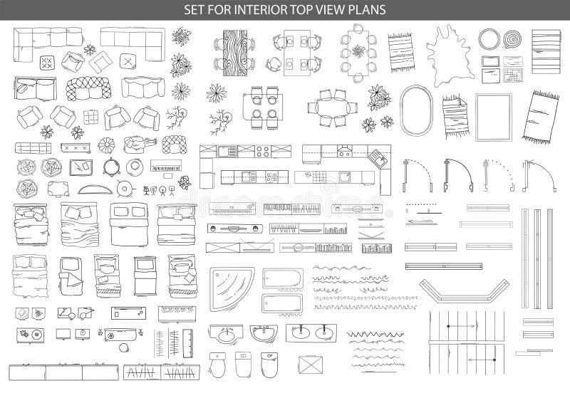 Big set of linear icons for Interior top view plans. Isolated Vector Illustration. Furniture and elements for living room, bedroom, kitchen, office, bathroom. Floor plan. Sketch of furniture. Big set of linear icons for Interior top view plans. Isolated Vector Illustration. Furniture and elements for living room, bedroom, kitchen, office, bathroom. Floor plan. Sketch of furniture