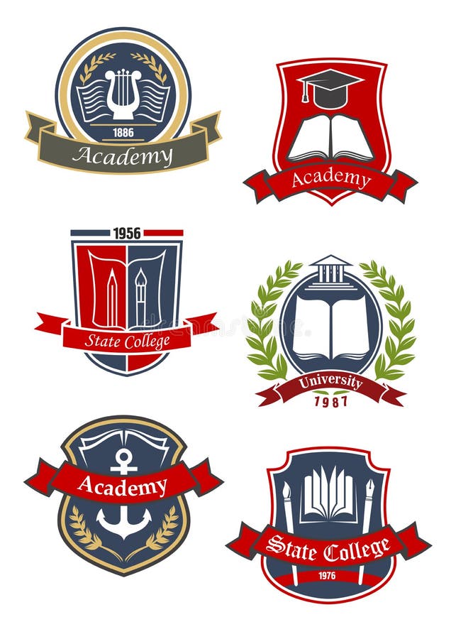 Education heraldic emblems and icons for university, college and academy with books and pens, paint brushes, greek lyre and temple building, marine anchor and graduate cap on shields, supplemented by ribbon banners and lautel wreathes. Education heraldic emblems and icons for university, college and academy with books and pens, paint brushes, greek lyre and temple building, marine anchor and graduate cap on shields, supplemented by ribbon banners and lautel wreathes