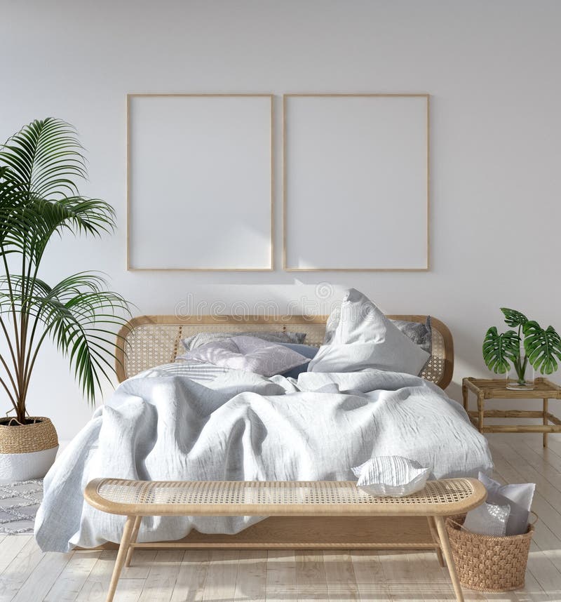 Mock-up poster frame in Scandinavian bedroom, Bohemian style, 3d render. Mock-up poster frame in Scandinavian bedroom, Bohemian style, 3d render