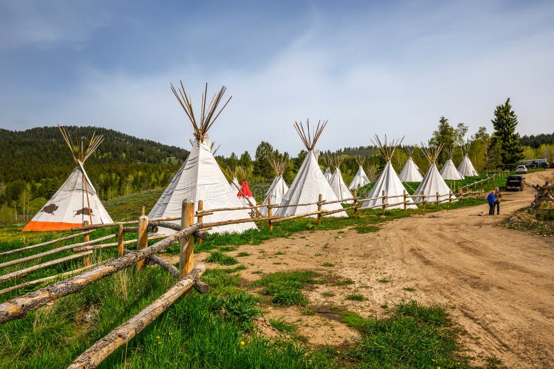 Moran, Wyoming, USA - June 8, 2022 : A traditional Native American wigwam campsite at the Buffalo Valley Ranch located in Grand Teton National Park. Moran, Wyoming, USA - June 8, 2022 : A traditional Native American wigwam campsite at the Buffalo Valley Ranch located in Grand Teton National Park.