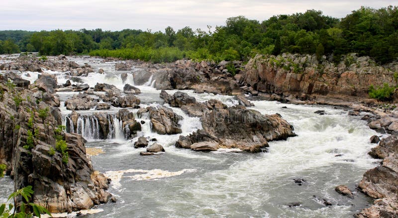 Great Falls is a series of rapids and waterfalls on the Potomac River, 14 miles 23 km upstream from Washington, D.C., on the border of Montgomery County, Maryland and Fairfax County, Virginia, August 4, 2017. Great Falls is a series of rapids and waterfalls on the Potomac River, 14 miles 23 km upstream from Washington, D.C., on the border of Montgomery County, Maryland and Fairfax County, Virginia, August 4, 2017