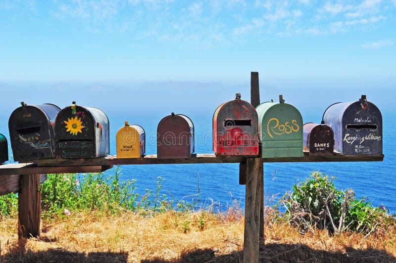Post office boxes in Big Sur on June 12, 2010. Post office boxes, widespread in Usa, are uniquely addressable lockable boxes located on the premises of a post office station. Post office boxes in Big Sur on June 12, 2010. Post office boxes, widespread in Usa, are uniquely addressable lockable boxes located on the premises of a post office station
