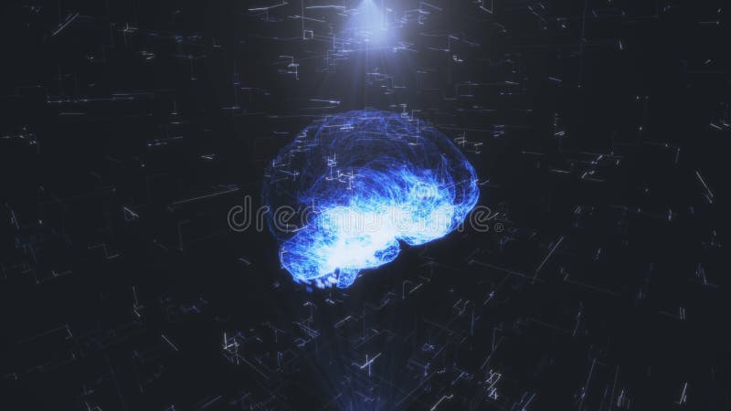 大脑的旋转全息图 具有移动线、点和三角形的抽象几何背景 科学解剖学 向量例证 大脑的旋转全息图 具有移动线、点和三角形的抽象几何背景 科学解剖学 向量例证