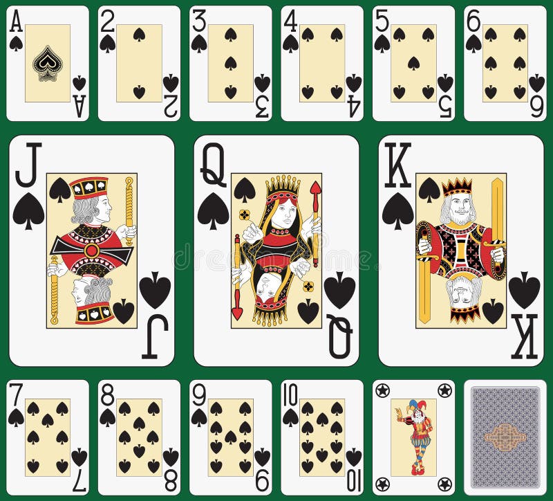 Playing cards, spade suit, joker and back. Faces double sized. Green background in a separate level in vector file. Playing cards, spade suit, joker and back. Faces double sized. Green background in a separate level in vector file