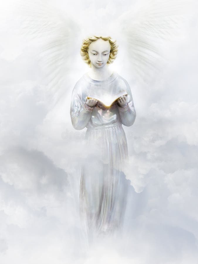 A porcelain faced golden haired angel looking into a book and stepping from a cloudy sky. A porcelain faced golden haired angel looking into a book and stepping from a cloudy sky.