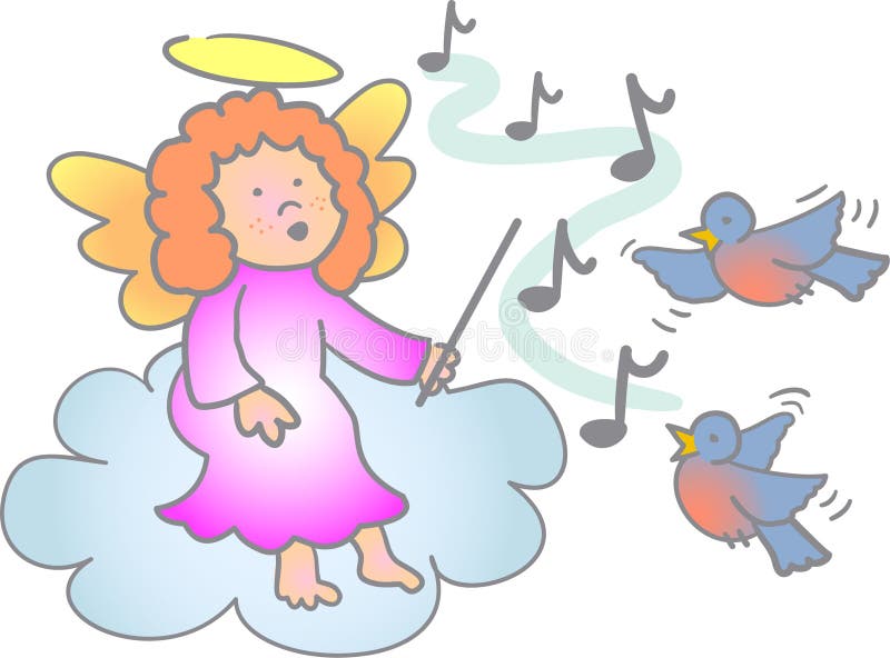 Illustration of a little girl angel teaching birds to sing...eps file available...three matching angel children in my portfolio. Illustration of a little girl angel teaching birds to sing...eps file available...three matching angel children in my portfolio