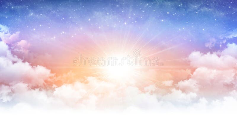 Heavenly sky, sun breaking through white clouds and stars shining behind. Heavenly sky, sun breaking through white clouds and stars shining behind.