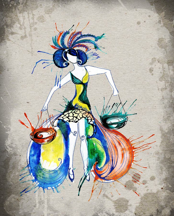 天秤座星座女孩水彩画 库存例证