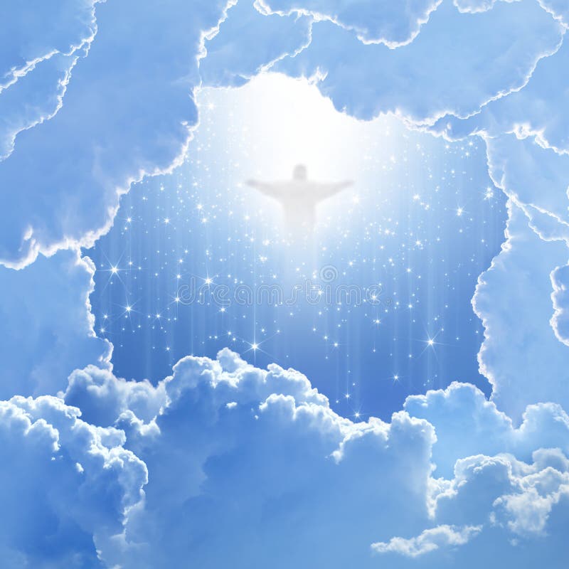 Jesus Christ in blue sky with white clouds and falling stars - heaven, easter. Jesus Christ in blue sky with white clouds and falling stars - heaven, easter