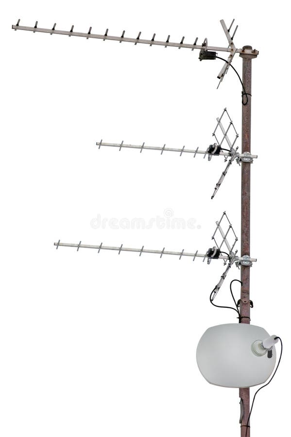 TV and communication aerials on roof of residential house, isolated antennas and dish. TV and communication aerials on roof of residential house, isolated antennas and dish