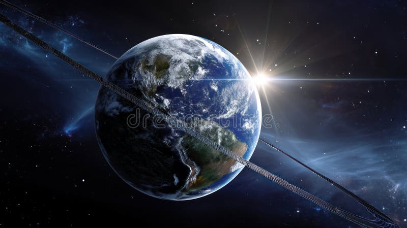 太空卫星，太阳背景下围绕地球旋转的太阳能电池板. 替代概念 图库摄影