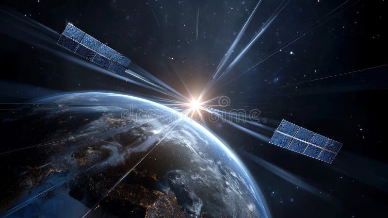 太空卫星，太阳背景下围绕地球旋转的太阳能电池板. 替代概念 免版税库存照片