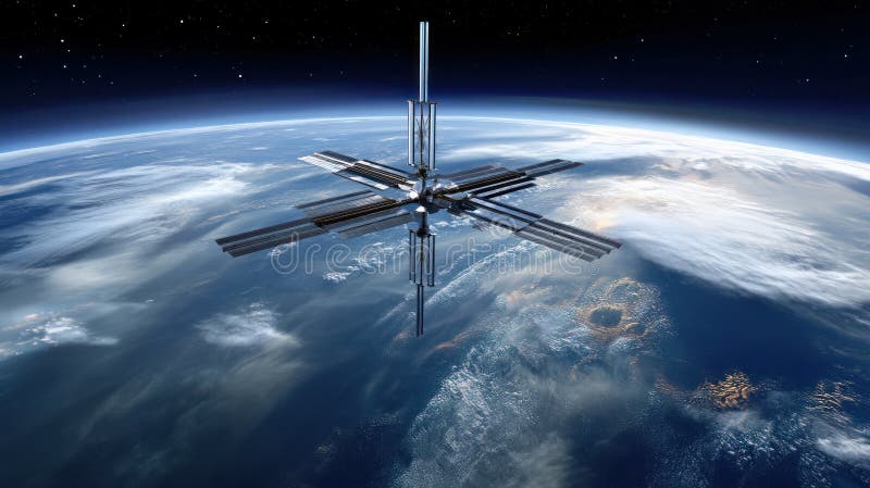太空卫星，太阳背景下围绕地球旋转的太阳能电池板. 替代概念 免版税图库摄影