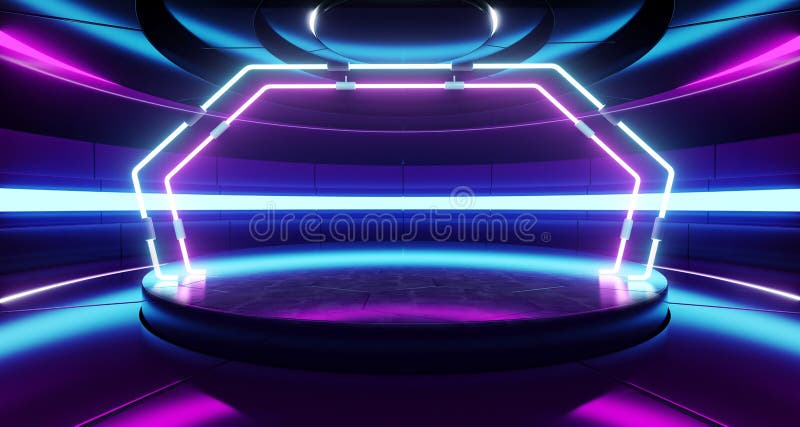 太空飞船背景科学幻想小说未来派现代外籍人室霍尔发光的蓝色紫色霓虹灯萤光充满活力的阶段光谱