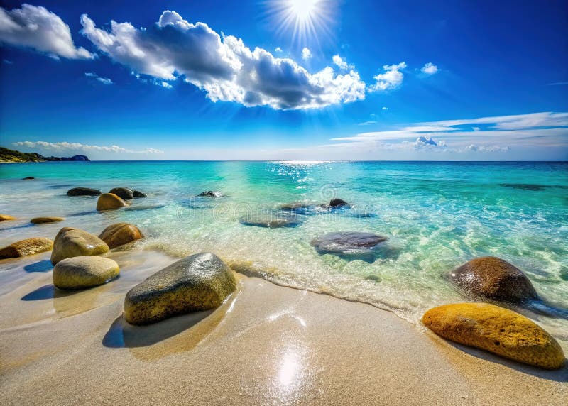 太阳吻的瓦达海滩的剪影石，蔚蓝的海水，在意大利地中海的白沙等待 向量例证
