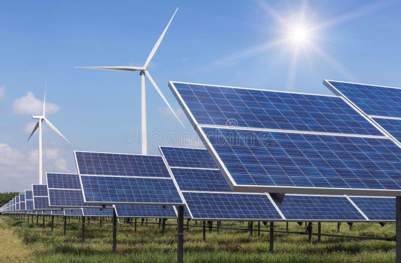 Solar cells and wind turbines generating electricity in power station alternative renewable energy from nature. Solar cells and wind turbines generating electricity in power station alternative renewable energy from nature