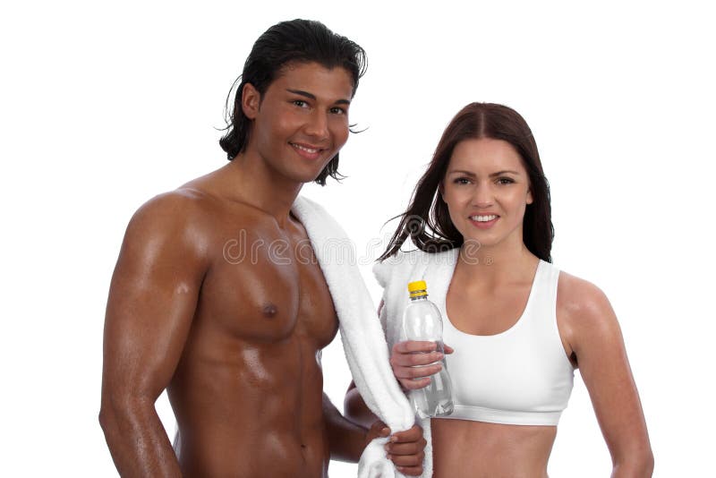 Diverse and fit happy young couple after workout on white background. Diverse and fit happy young couple after workout on white background