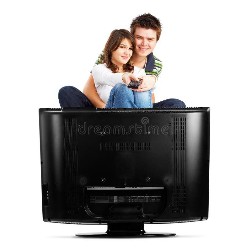 Couple watching TV - front view - isolated on white. Couple watching TV - front view - isolated on white