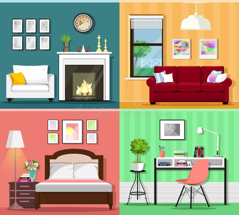 Set of colorful graphic room interiors with furniture icons: living rooms with sofa, window, armchair, fireplace; bedroom with bed and lamp; home office with desk, chair and flowerpot. Flat style vector illustration. Set of colorful graphic room interiors with furniture icons: living rooms with sofa, window, armchair, fireplace; bedroom with bed and lamp; home office with desk, chair and flowerpot. Flat style vector illustration.