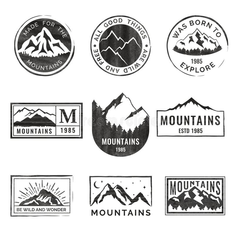 套与难看的东西纹理的九个山旅行象征 野营的室外冒险象征、徽章和商标补丁