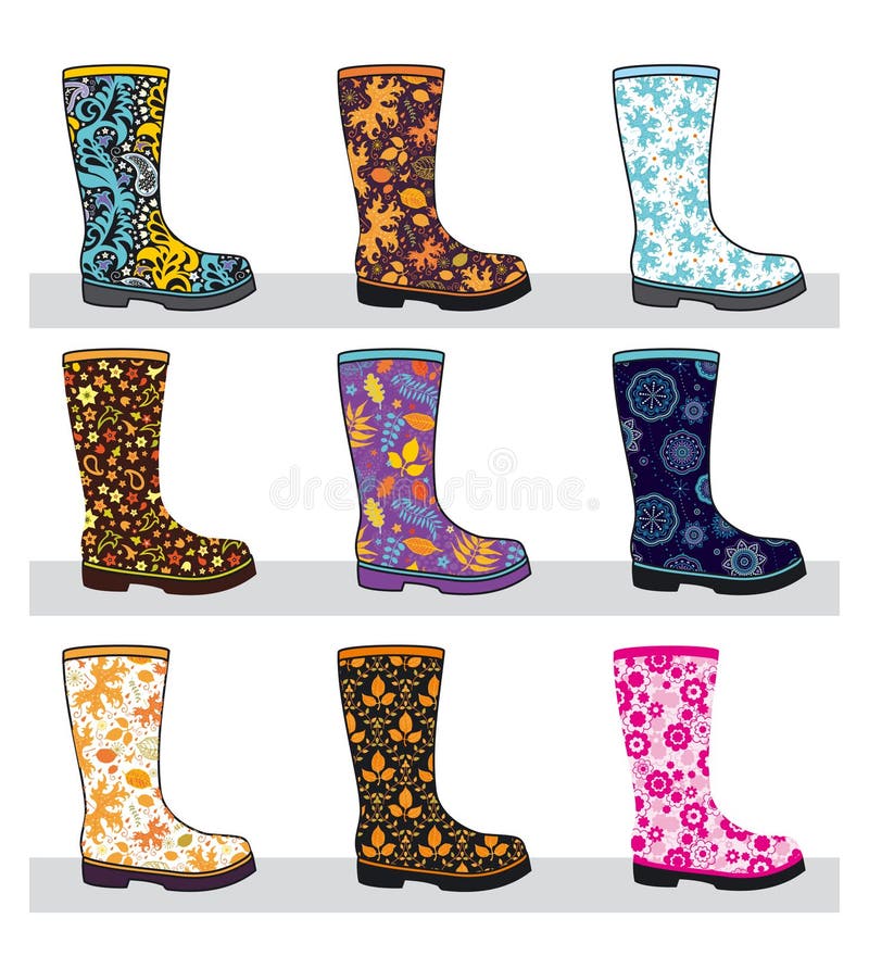 Set of fashionable colorful rubber boots with patterns. Set of fashionable colorful rubber boots with patterns