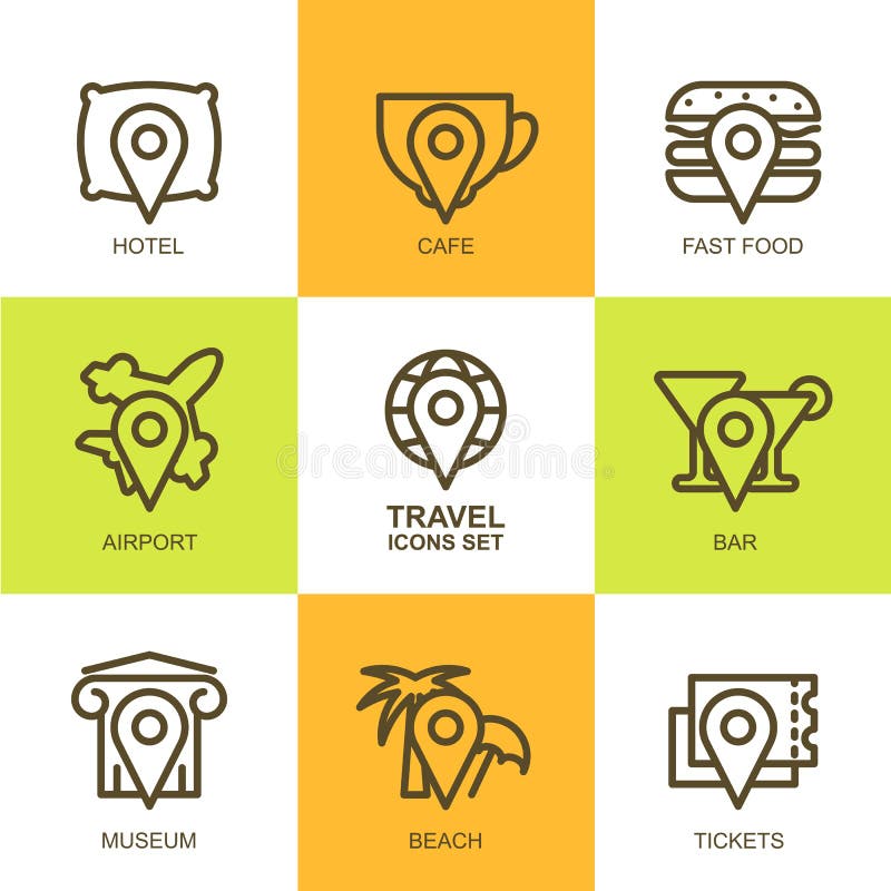 Set of vector simple linear travel icons. Map symbols. Waypoint, hotel, ticket, airplane, cafe, museum, fast food and globe. Concept for mobile apps, planning vacation, tourism. Set of vector simple linear travel icons. Map symbols. Waypoint, hotel, ticket, airplane, cafe, museum, fast food and globe. Concept for mobile apps, planning vacation, tourism.