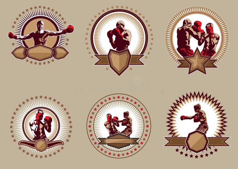 Set of six different circular vector boxing icons or emblems showing a single boxer fighting, two boxers sparring and a champion with raised arms with blank shields and banners below for copyspace. Set of six different circular vector boxing icons or emblems showing a single boxer fighting, two boxers sparring and a champion with raised arms with blank shields and banners below for copyspace